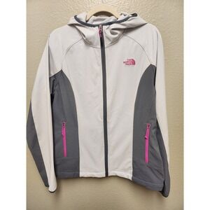 Northface Woman's SZ L  Hooded full zip jacket Grey with Pink accents